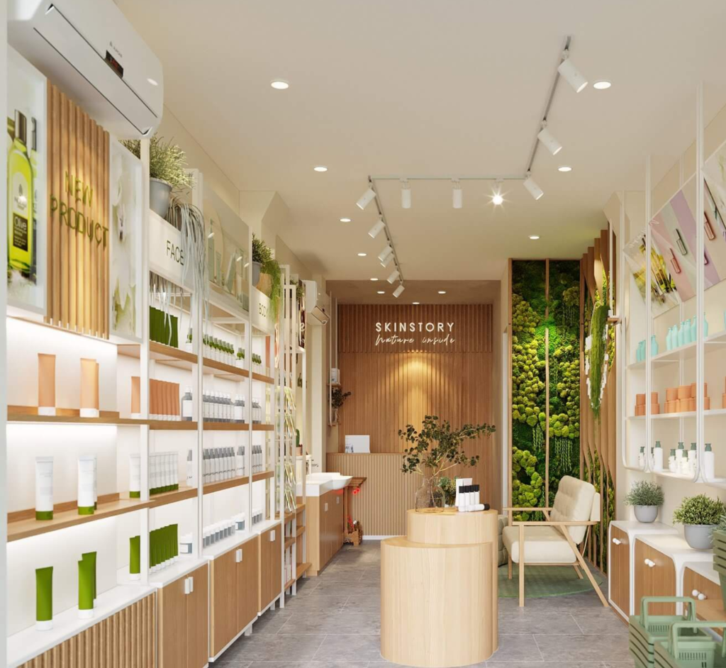 trang trí cây cối trong thiết kế shop mỹ phẩm