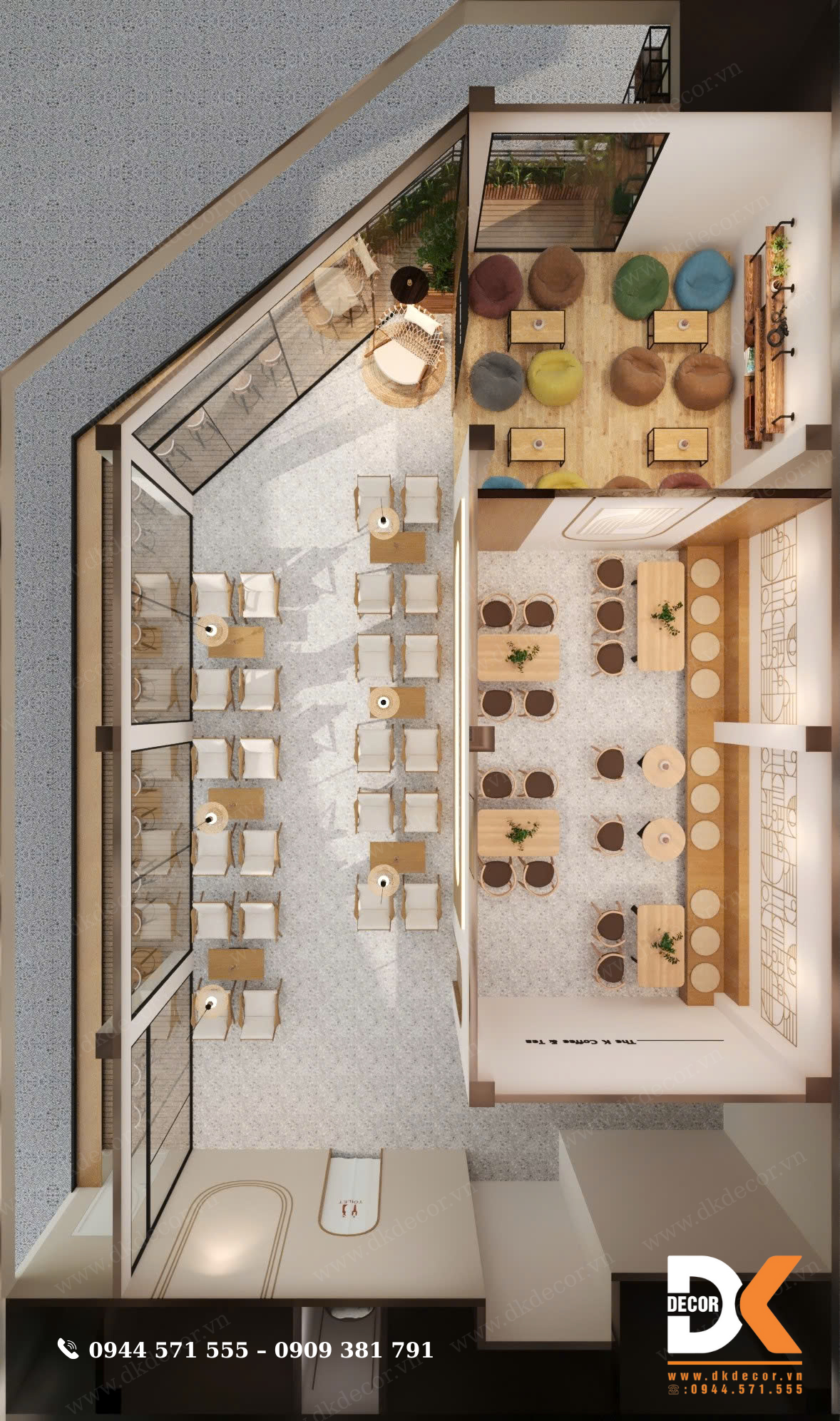 bố trí mặt bằng 3d quán cafe 