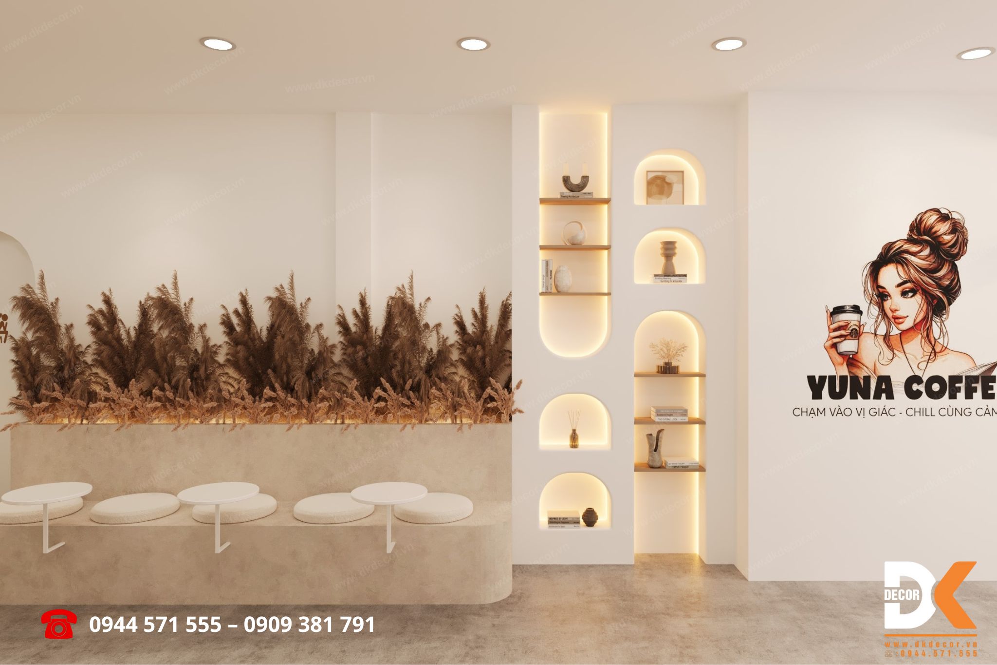 khu vực trang trí trưng bày tiệm yuna coffee