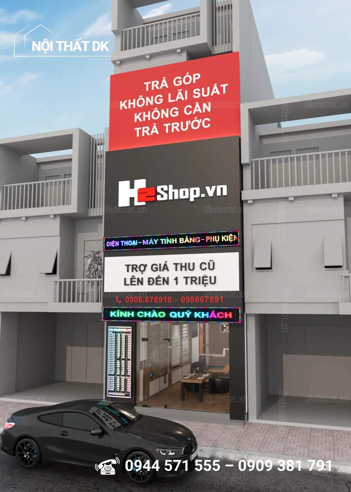 thiết kế cửa hàng điện thoại H2shop - bảng hiệu 