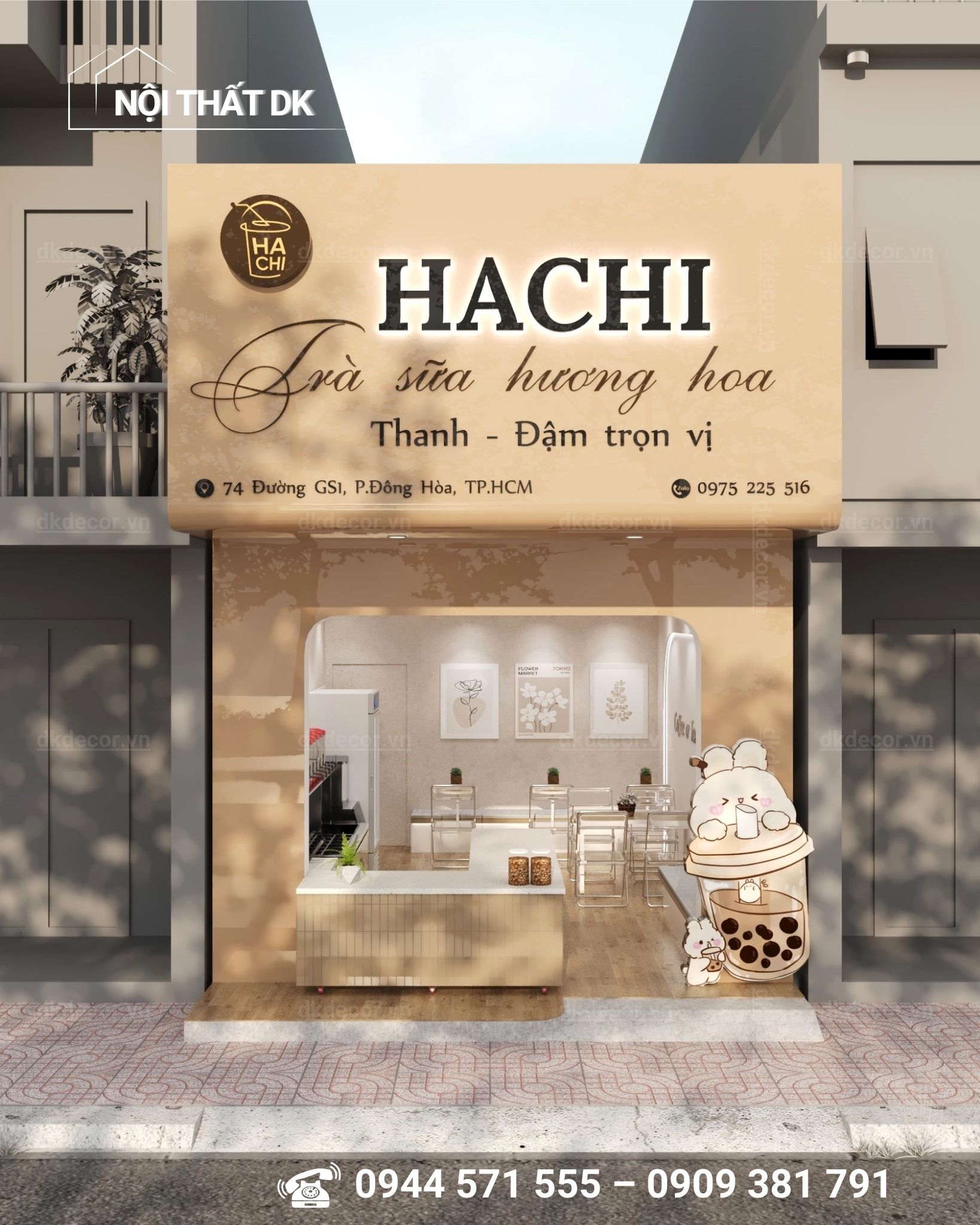 bảng hiệu thiết kế quán cafe hachi take away 30m2 bình dương